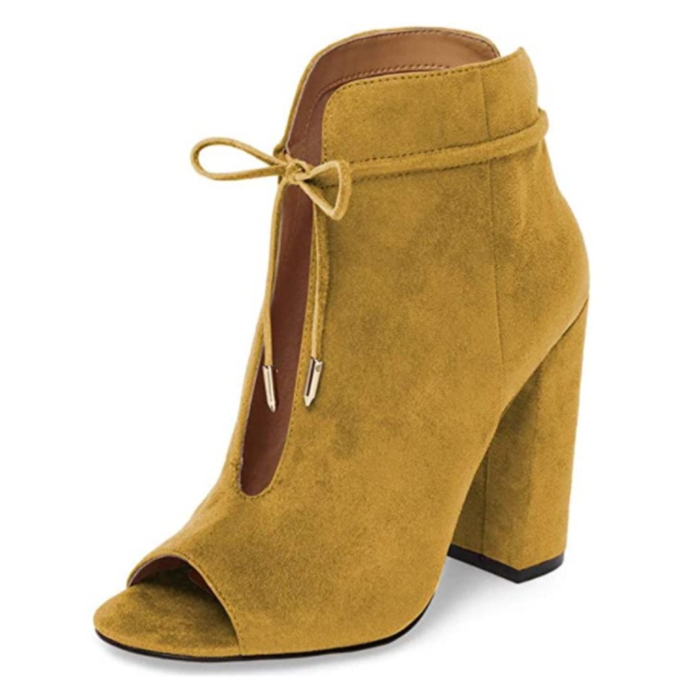 YDN Suede Leather Chunky High Heel Ankle Boot Peep